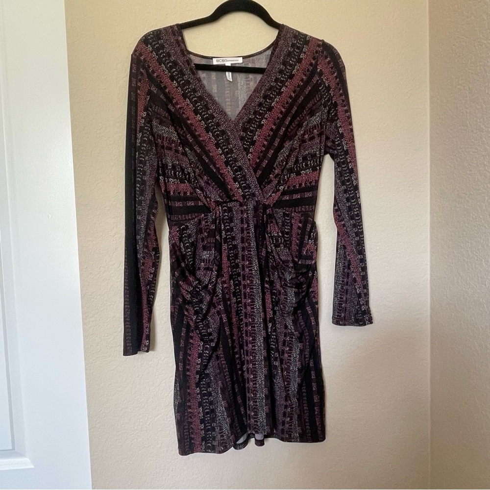 BCBGeneration‎ Black Pink Geometric Twist Front Long Sleeve Mini Dress Size M